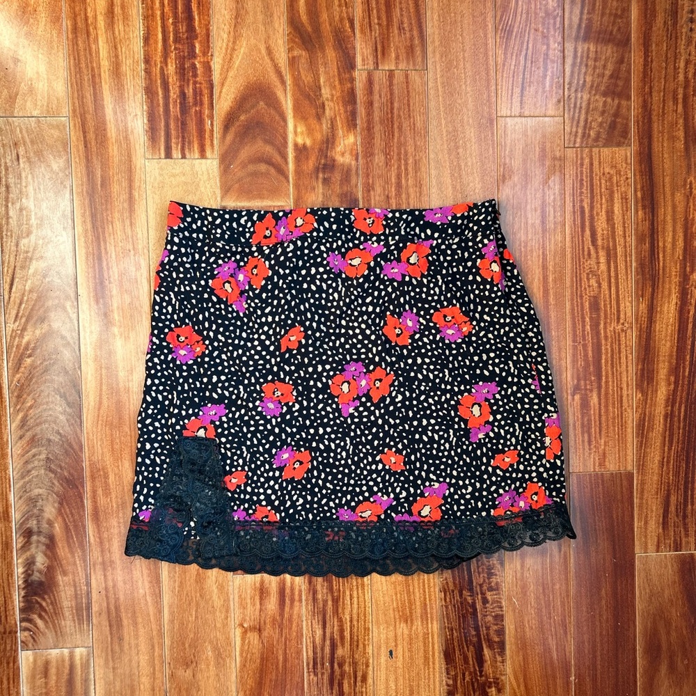 Urban Outfitters Floral Black Mini Skirt with Lace Trim